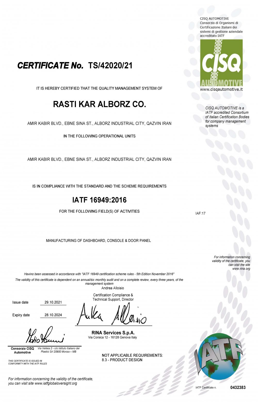  Certificate IATF Rasti Kar Alborz