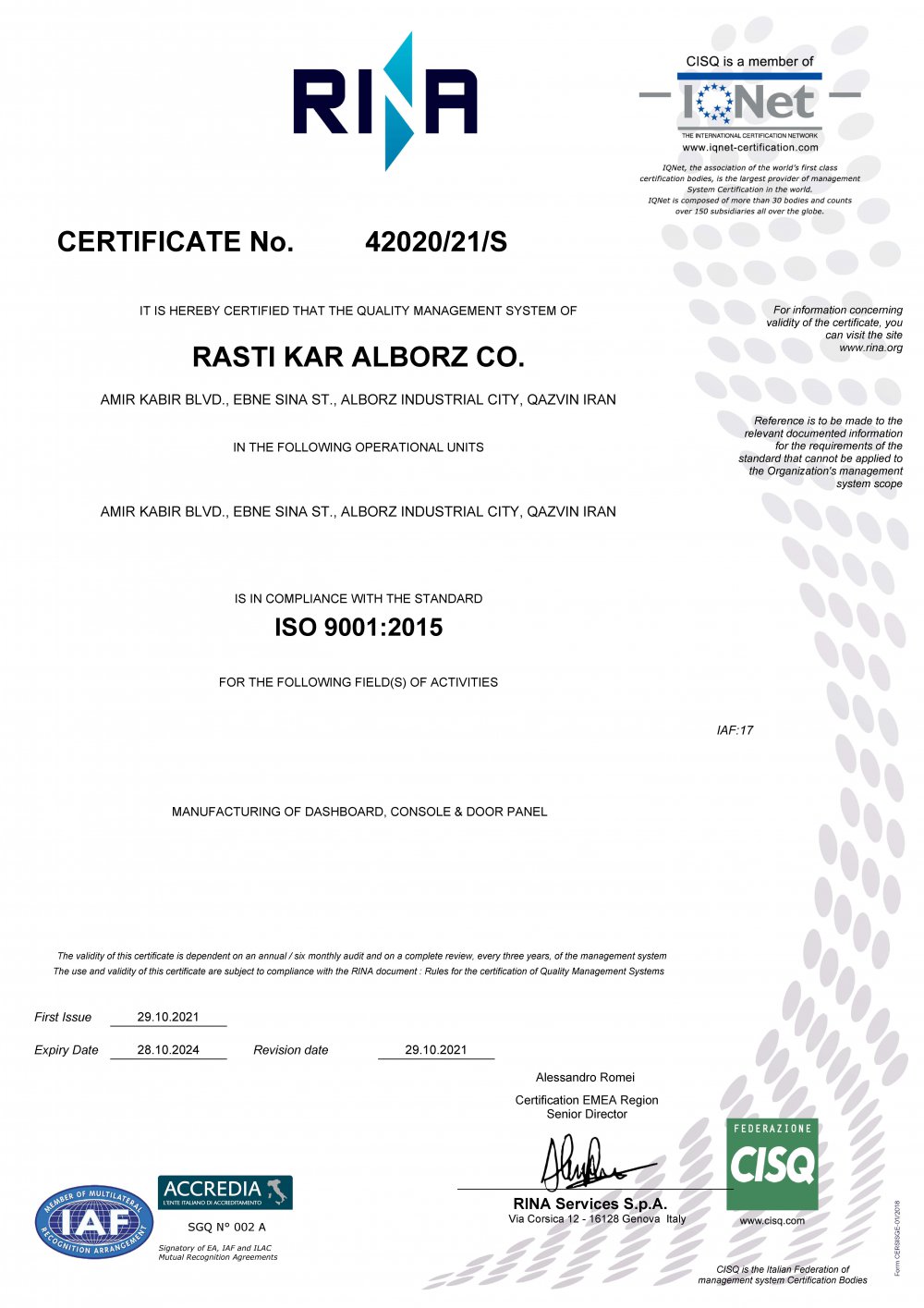  Certificate ISO Rasti Kar Alborz